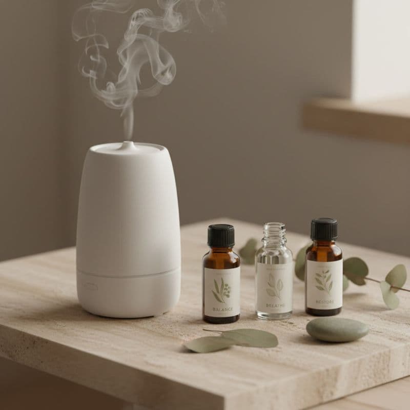 Diffuser mit leicht aufsteigendem Dampf und drei kleine Ölfläschchen auf einem hellen Holztisch in ruhiger, natürlicher Umgebung.