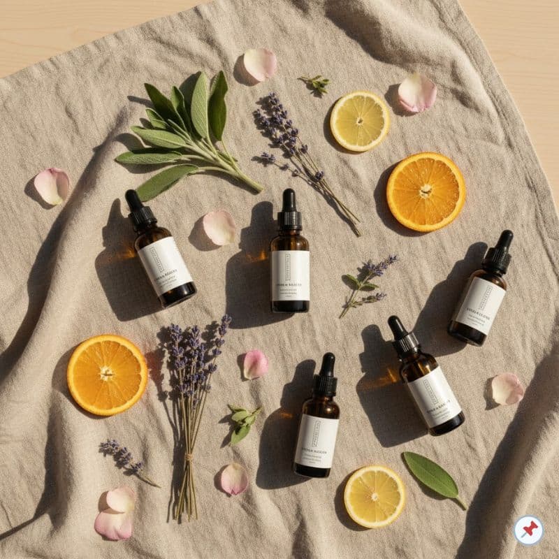 Fläschchen mit ätherischen Ölen auf Leinentuch, umgeben von Lavendel, Salbeiblättern, Rosenblüten und Zitrusscheiben – Symbol für natürliche Aromatherapie in den Wechseljahren.