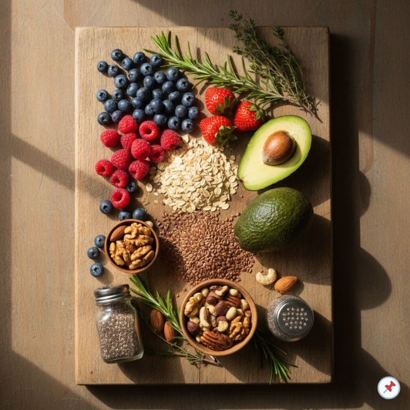 Gesunde Lebensmittel wie Avocado, Beeren, Nüsse, Leinsamen und Haferflocken auf Holzbrett – Symbol für hormonfreundliche Ernährung und natürliche Balance in den Wechseljahren.