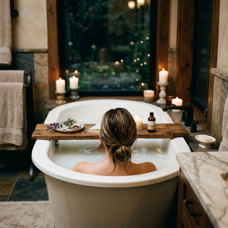 Eine Frau sitzt entspannt von hinten gesehen in einer eleganten Badewanne mit milchigem Wasser. Im warmen Kerzenschein steht ein Holzbrettchen mit ätherischem Öl und frischem Lavendel auf dem Wannenrand.