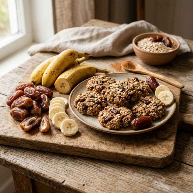 Frische Datteln, Bananen und gesunde Hasenkekse auf einem rustikalen Holzbrett als natürliche Zucker-Alternativen für Ostern.