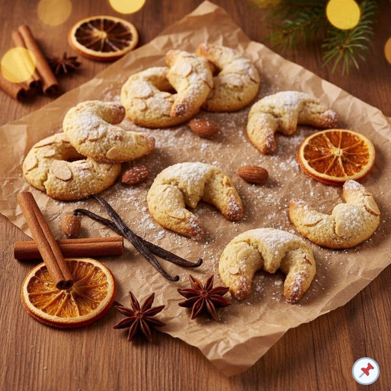Low-Carb-Vanillekipferl und Mandelplätzchen auf braunem Backpapier, bestäubt mit Puder-Erythrit, dekoriert mit Zimtstangen, Vanilleschoten, Anis und getrockneten Orangenscheiben – gesunde, zuckerfreie Weihnachtsplätzchen mit natürlichen Zutaten.