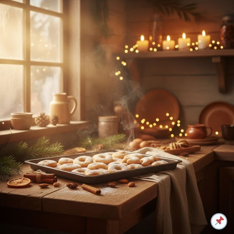 Frisch gebackene Low-Carb-Weihnachtsplätzchen auf einem Blech in einer gemütlichen Winterküche mit Kerzenlicht, Zimtstangen und Orangen. Warme Sonnenstrahlen fallen durchs Fenster – festliche, natürliche Weihnachtsstimmung voller Duft und Geborgenheit.