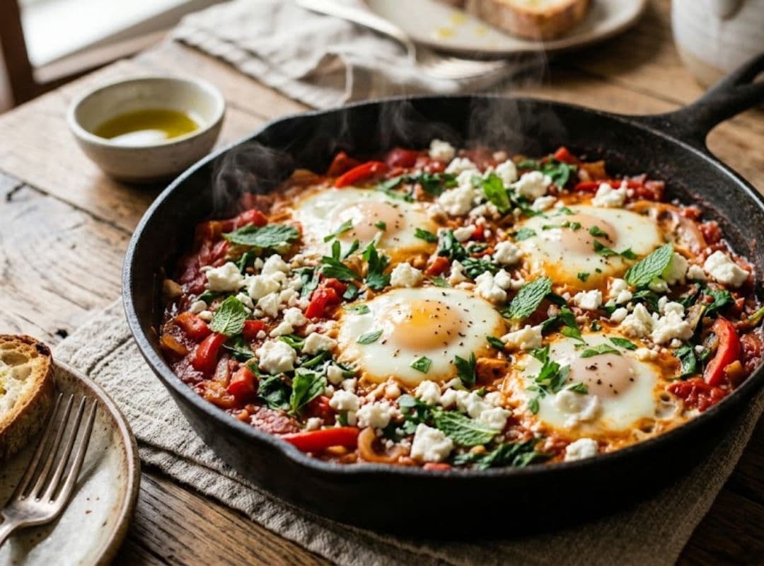Shakshuka mit Eiern, Feta und Gemüse – proteinreiches herzhaftes Frühstück für die Wechseljahre