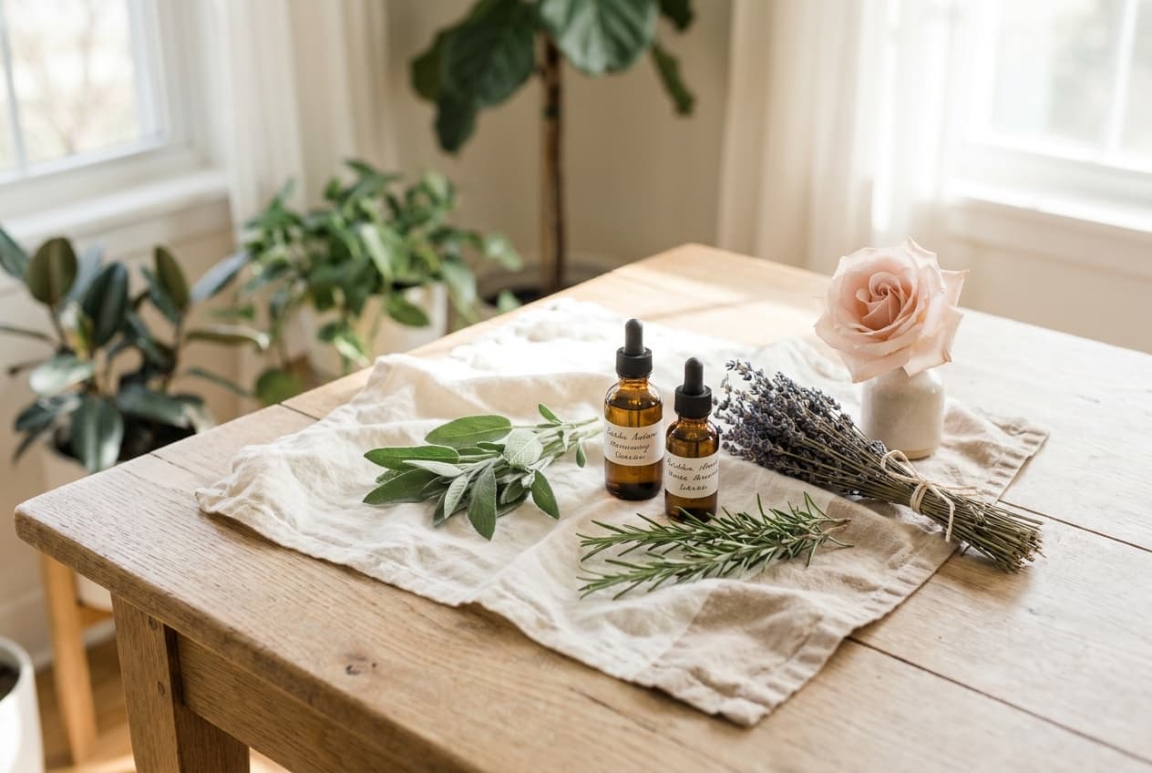 Ätherische Öle, Kräuter und Lavendel auf einem Holztisch - Himmelstränen
