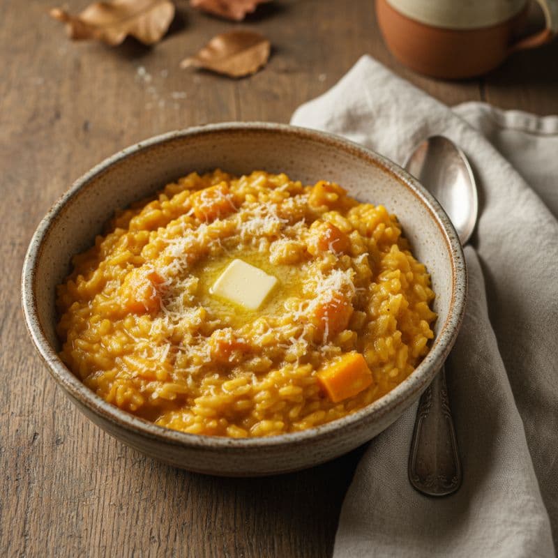 Cremiges Kürbis-Risotto mit Hokkaido-Kürbiswürfeln, geschmolzener Butter und frisch geriebenem Parmesan in einer rustikalen Schale – herbstliches Wohlfühlrezept