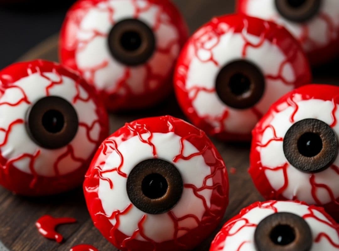 Auf diesem Bild siehst du gruselige Halloween Snacks in Form von essbaren Augen. Die roten „Augäpfel“ bestehen aus Käse, Oliven und Lebensmittelfarbe – eine kreative, kinderfreundliche und zuckerfreie Snackidee für Halloween.