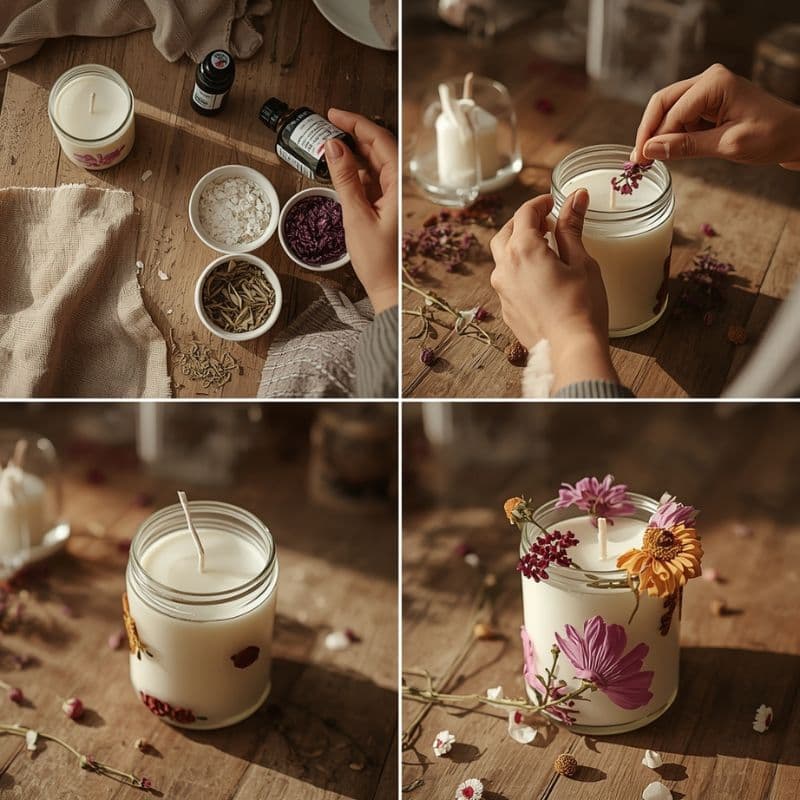 DIY Duftkerze mit getrockneten Blumen – Schritt-für-Schritt-Anleitung vom Material bis zur fertigen Botanical Candle im Glas.