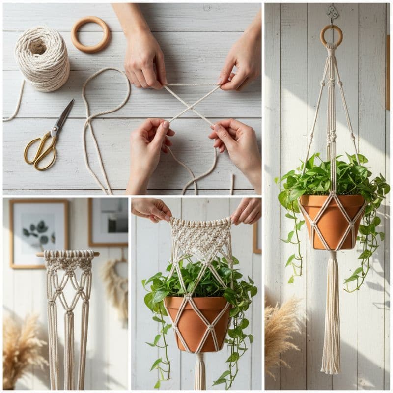 DIY Makramee-Blumenampel Schritt-für-Schritt – Materialien, Knoten-Technik und fertiger Pflanzenhänger mit Blumentopf.