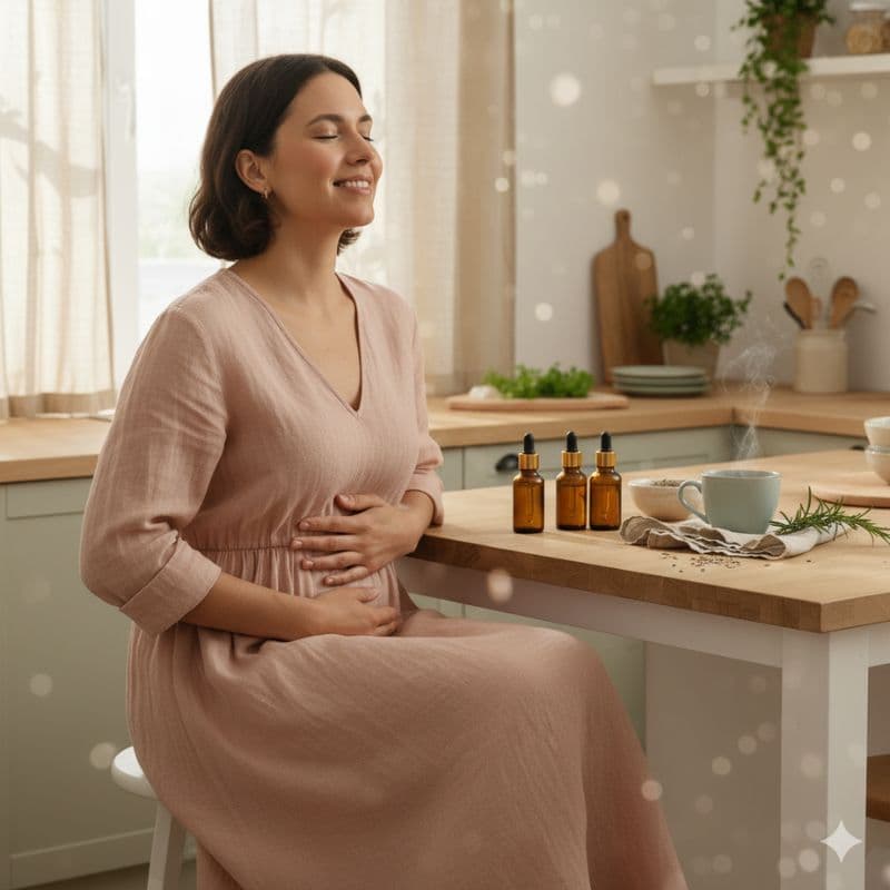 Frau in rosa Kleid sitzt entspannt in der Küche mit Händen auf dem Bauch, vor ihr drei Fläschchen ätherisches Öl, eine dampfende Teetasse und Kräuter – Symbol für Darmgesundheit und ätherische Öle in den Wechseljahren.