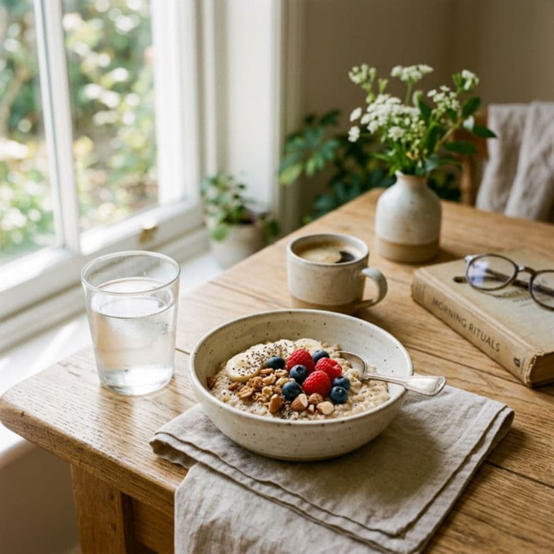Ein helles, gesundes Frühstück mit Haferflocken und Wasserglas als sanfte Morgenroutine zur Stoffwechselanregung