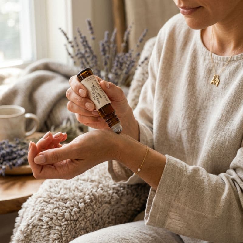 Eine Frau trägt einen ätherischen Öl Roll-on auf ihr Handgelenk auf, um den Vagusnerv zu stimulieren und Stress abzubauen.