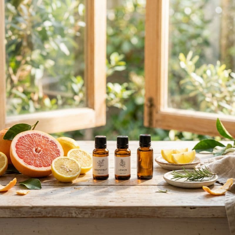 Ätherische Öle aus Grapefruit, Zitrone und Rosmarin auf einem Holztisch vor offenem Fenster mit frischen Zitrusfrüchten im Sonnenlicht