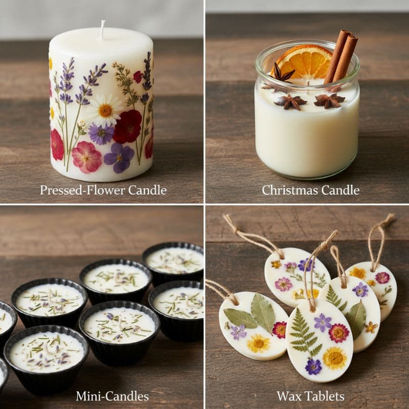 „Vier verschiedene DIY-Kerzenideen: Stumpenkerze mit gepressten Blüten, weihnachtliche Duftkerze im Glas mit Zimt und Orange, kleine Mini-Kerzen sowie dekorative Wachs-Tabletten mit getrockneten Blüten und Kräutern