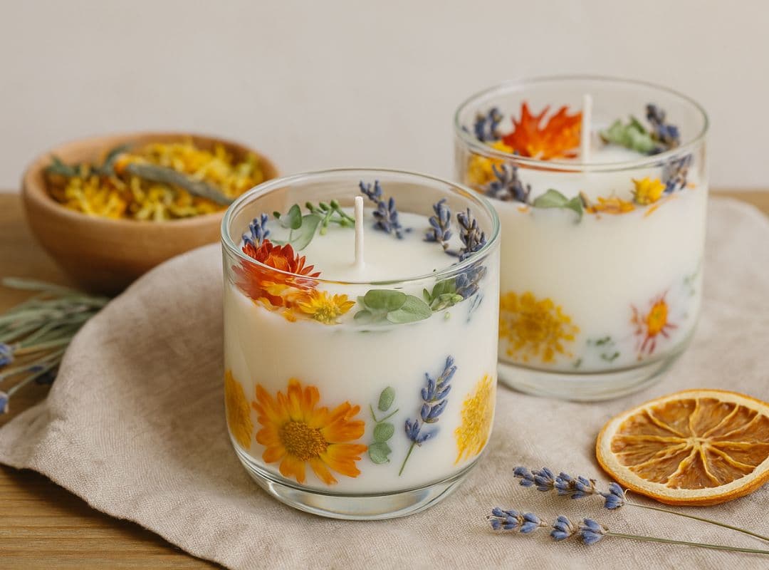 Handgemachte Kerzen im Glas mit getrockneten Blüten und Lavendelzweigen, dekorativ verziert für ein natürliches und stilvolles DIY-Geschenk machen