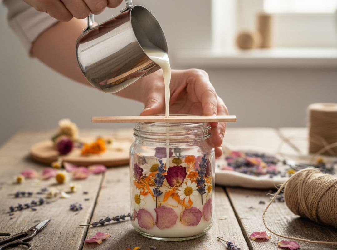 Herstellung einer DIY-Blütenkerze im Glas: Flüssiges Wachs wird in ein dekoriertes Glas mit getrockneten Blüten wie Rosen, Kamille, Lavendel und Ringelblume gegossen.
