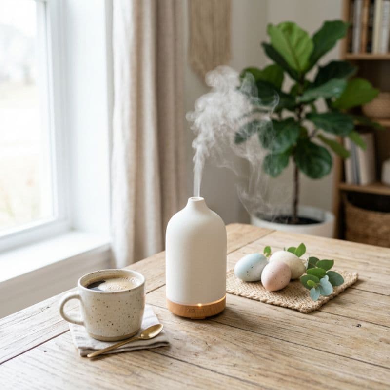 Aroma Diffuser mit aufsteigendem Duftnebel auf einem Holztisch neben einer Kaffeetasse und Osterdeko mit bunten Eiern und Eukalyptuszweigen in heller Frühlingsatmosphäre.