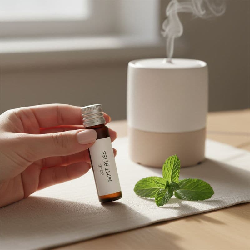 Hand hält ein kleines Fläschchen Minzöl, daneben liegen frische Minzblätter und im Hintergrund steht ein diffuser Diffuser auf einem Tisch im Tageslicht