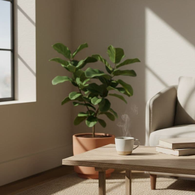 Tasse Tee auf einem Holztisch am Fenster, daneben eine grüne Zimmerpflanze, warmes Tageslicht fällt in einen ruhigen Wohnraum