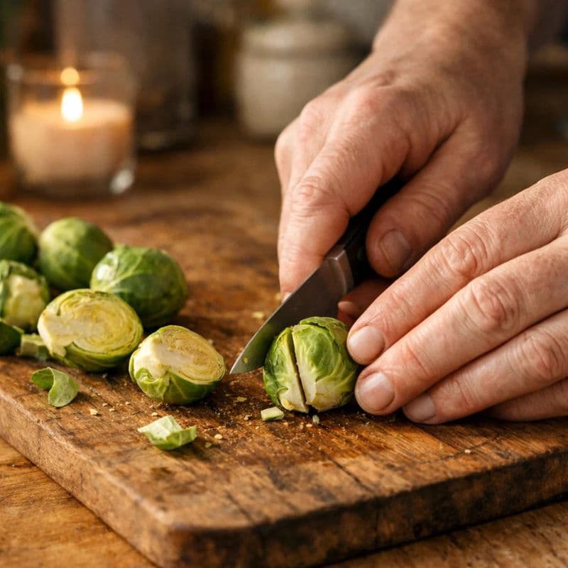 Detailaufnahme von Rosenkohl auf einem rustikalen Holzbrett in warmer Küchenatmosphäre. Das Bild steht symbolisch für eine natürliche, ballaststoffreiche Ernährung in den Wechseljahren und hormonelle Balance ab 40.