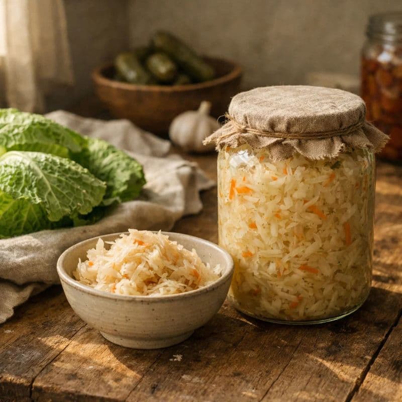 Ein Glas mit fermentiertem Sauerkraut steht auf einem rustikalen Holztisch neben einer kleinen Schale. Das Bild symbolisiert die bewusste Integration fermentierter Lebensmittel in eine ballaststoffreiche Ernährung in den Wechseljahren und steht für natürliche Routinen rund um hormonelle Balance und Wohlbefinden ab 40.