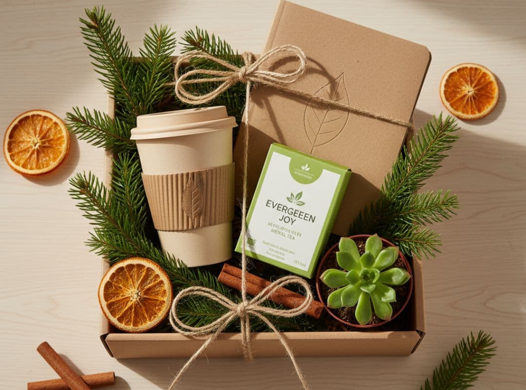 Auf diesem Bild siehst du ein nachhaltiges Weihnachtsgeschenk-Set für Kollegen mit Mehrwegbecher, Notizbuch aus Recyclingpapier, Tee, kleiner Pflanze und weihnachtlicher Deko.