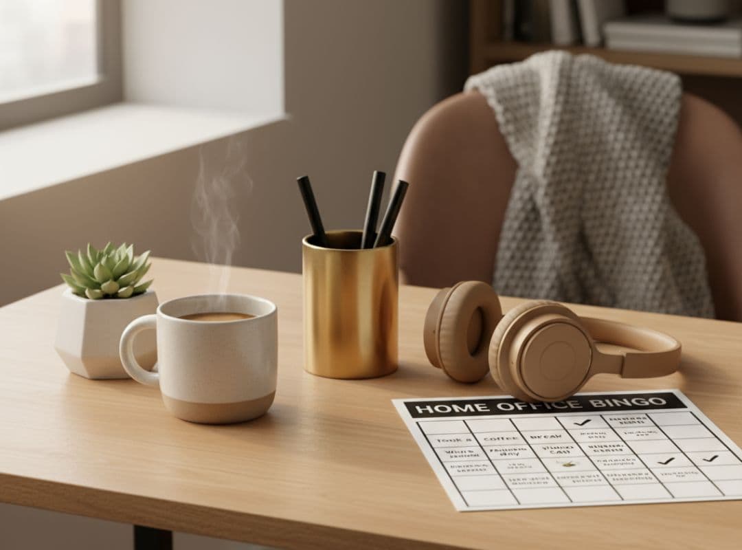 Auf diesem Bild siehst du einen Homeoffice-Schreibtisch mit Tasse Kaffee, Sukkulente, Kopfhörern, Stiftehalter und einem „Home Office Bingo“-Spiel – kreative Weihnachtsgeschenke für Kollegen im Homeoffice.
