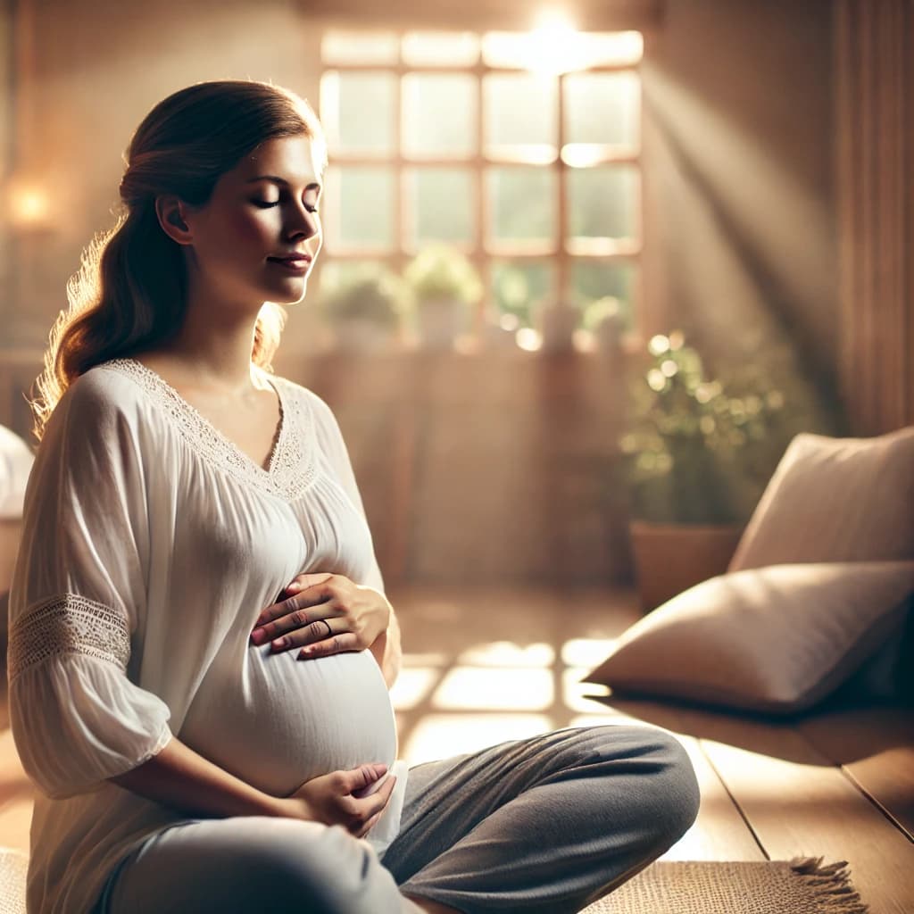 A serene and calm scene of a pregnant woman sitting in a softly lit room, practicing deep breathing exercises. She has her hands resting gently on her belly, eyes closed, with a peaceful expression. The room is cozy, with soft cushions around, and a warm light is coming through a nearby window, illuminating the space. In the background, there are hints of nature, such as a few plants, symbolizing relaxation and connection with nature. The overall atmosphere is calm and focused, representing a stress-free and empowered birth preparation.