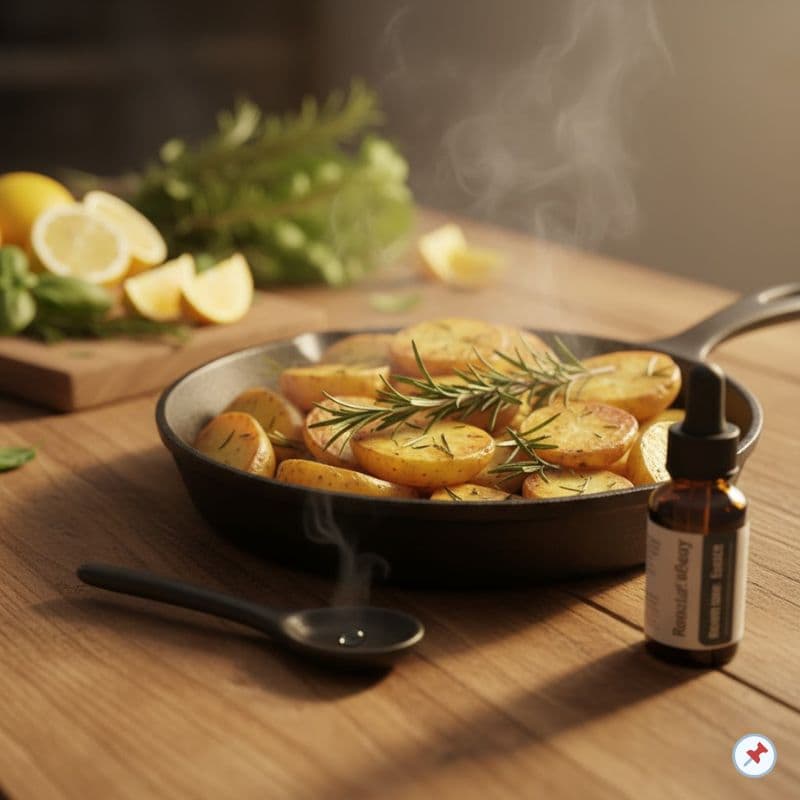 Ofenkartoffeln mit frischem Rosmarin in einer Pfanne, daneben eine Flasche ätherisches Rosmarinöl – aromatische Küche mit natürlichen ätherischen Ölen.