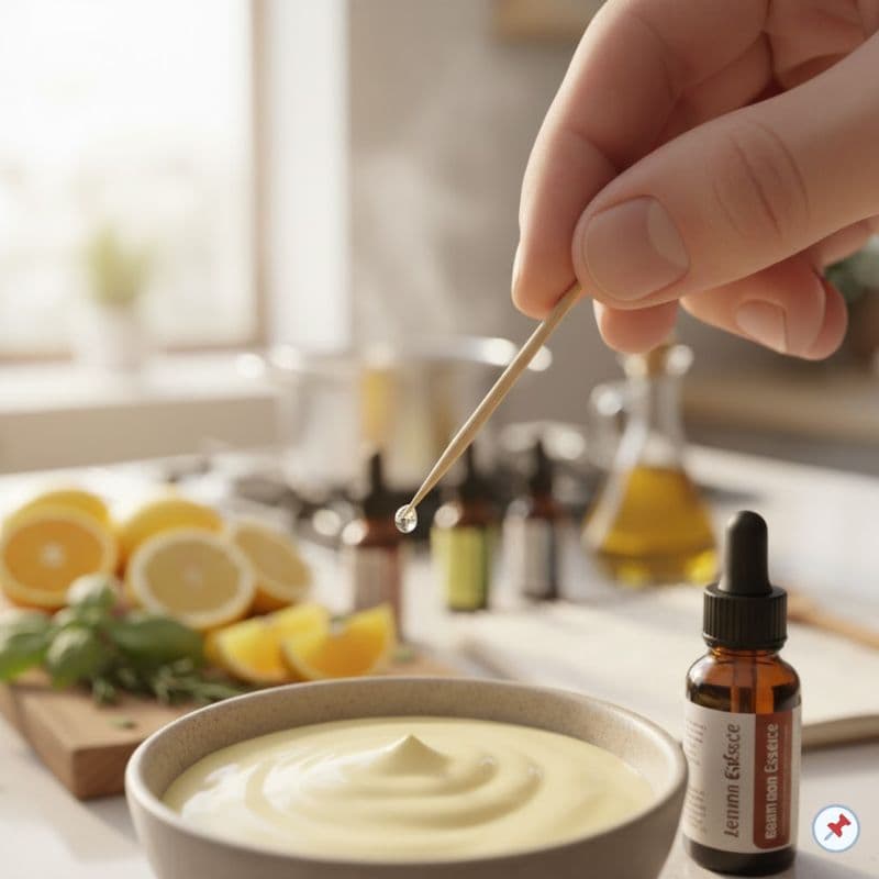 Dosierung ätherischer Öle mit einem Zahnstocher über einer Schüssel Zitronencreme – richtige Anwendung von ätherischen Ölen beim Kochen.