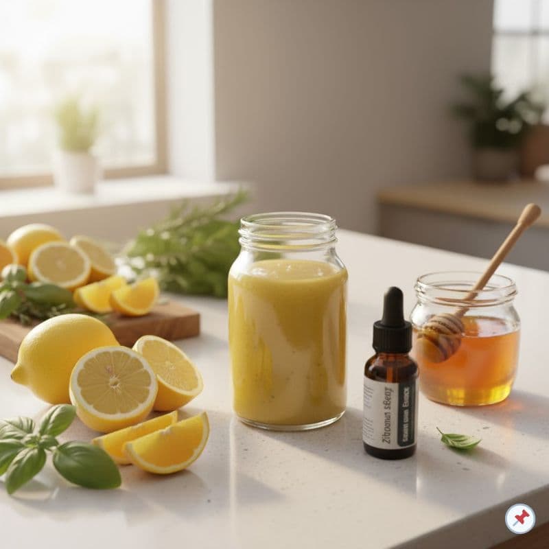 Selbstgemachtes Zitronen-Honig-Dressing mit ätherischem Zitronenöl, frischen Zitronen und Basilikum auf einer hellen Küchenarbeitsfläche.
