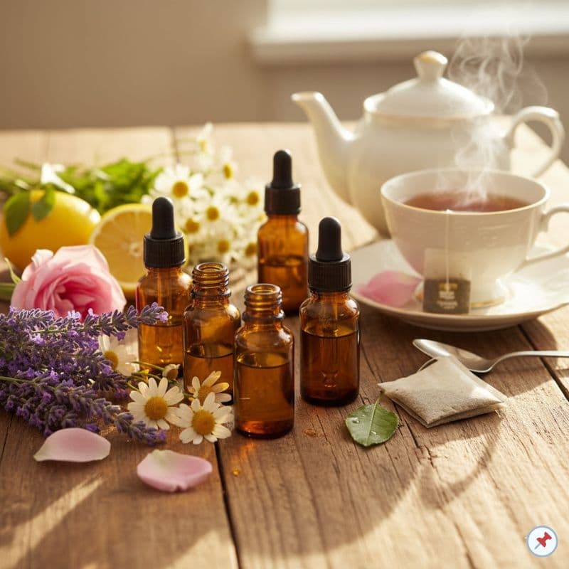 Mehrere braune Fläschchen mit ätherischen Ölen, frische Blüten und eine dampfende Teetasse auf einem Holztisch – Symbol für natürliche Aromen und wohltuende Aromatherapie.