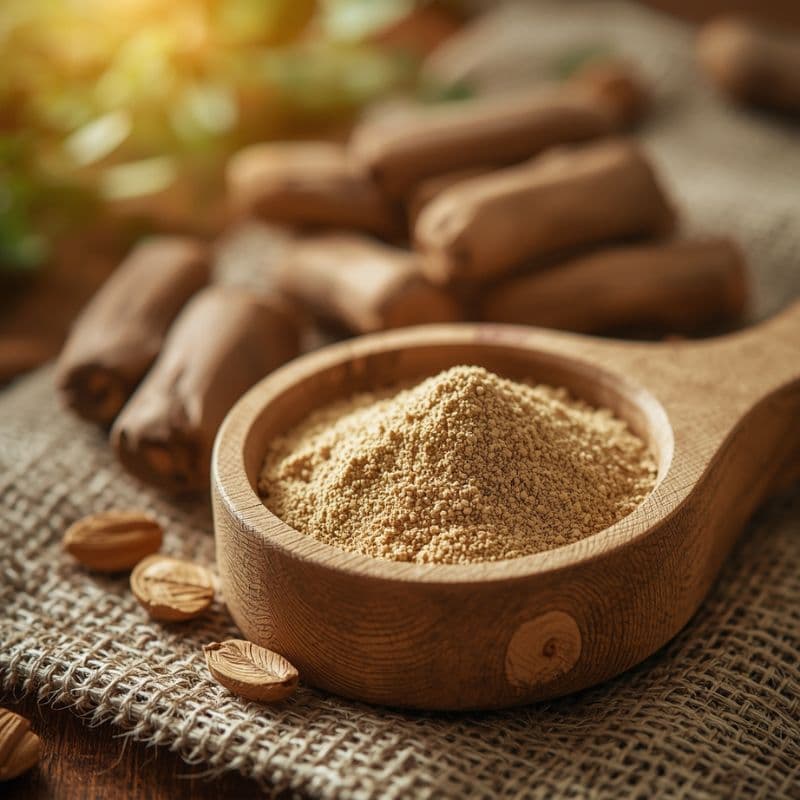 Feines Ashwagandha-Pulver in einer Holzschale, daneben Wurzeln auf Leinentuch – natürliche Grundlage für Balance und besseren Schlaf in den Wechseljahren.