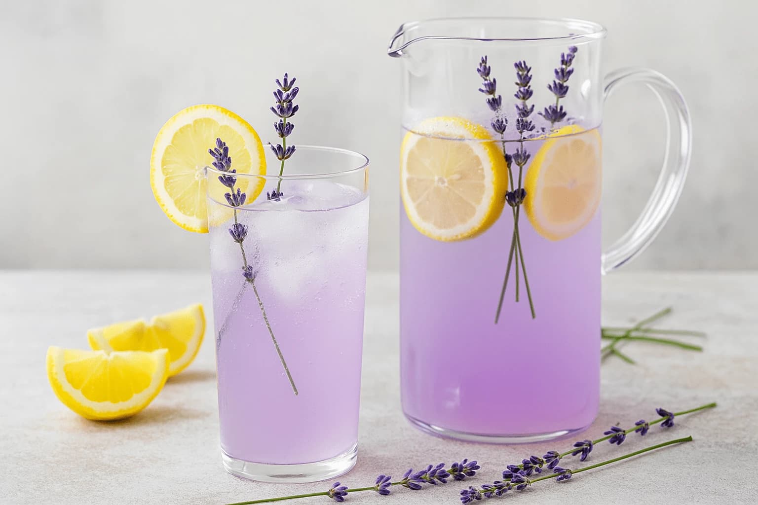 Auf diesem Bild siehst du einen frischen Mocktail aus Coconut Lavender Lemonade in einem Krug und Glas mit Lavendelzweigen, Zitronenscheiben und Eiswürfeln – perfekt inszeniert als frühlingshafter, alkoholfreier Drink.