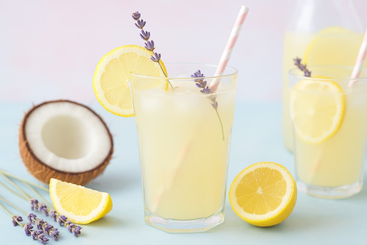Auf diesem Bild siehst du ein ästhetisch angerichtetes Glas Coconut Lavender Lemonade, garniert mit frischem Lavendel und Zitronenscheiben – der perfekte Sommerdrink ohne Alkohol, ideal für heiße Tage.
