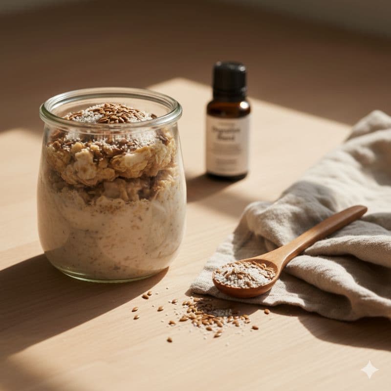 Glas mit Overnight Oats und Leinsamen – ballaststoffreiches Frühstück für die Darmgesundheit in den Wechseljahren.
