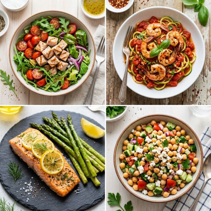 -Text (Alternativtext): Collage von vier leichten, gesunden Sommerrezepten für Frauen ab 40, die den Stoffwechsel anregen: Zoodles, Sommersalat, Kichererbsen-Salat und Ofenlachs.