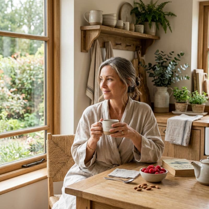 Frau sitzt am hellen Frühstückstisch am Fenster, hält eine Tasse Tee in der Hand und genießt ein gesundes Frühstück mit Beeren und Chia-Zutaten in einer gemütlichen Küche.