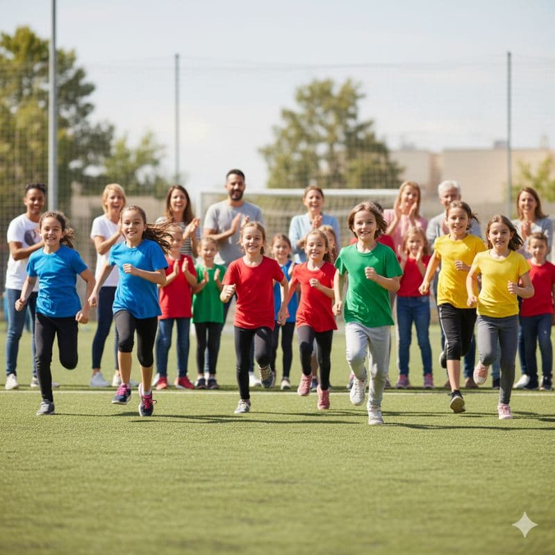 Kinder im Grundschulalter laufen fröhlich beim Sponsorenlauf über den Sportplatz, im Hintergrund applaudieren Eltern und Lehrer.