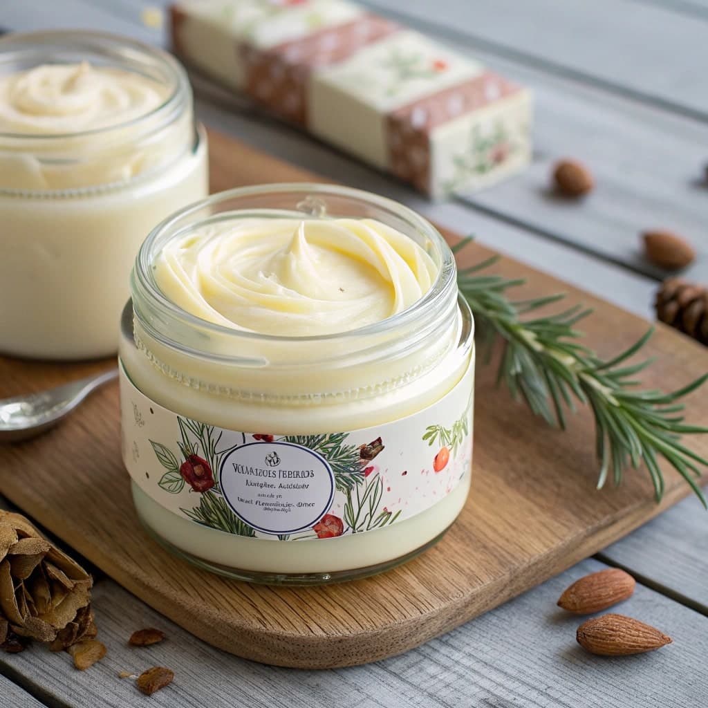 Selbstgemachte Körperbutter mit Sheabutter, Kokosöl und Kakaobutter in einem Glastiegel. Natürliche Hautpflege ohne künstliche Zusätze.