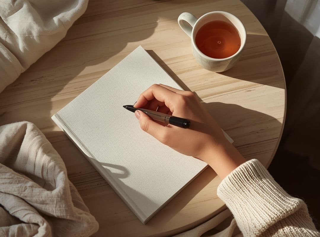 Hand einer Frau schreibt in ein leeres Notizbuch, daneben eine Tasse Tee – ruhiges Journaling-Ritual im Morgenlicht