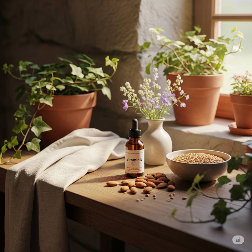 Braunglasflasche mit Vitamin E-Öl neben Mandeln und Weizenkörnern auf einem Holztisch, umgeben von Zimmerpflanzen und Sonnenlicht.