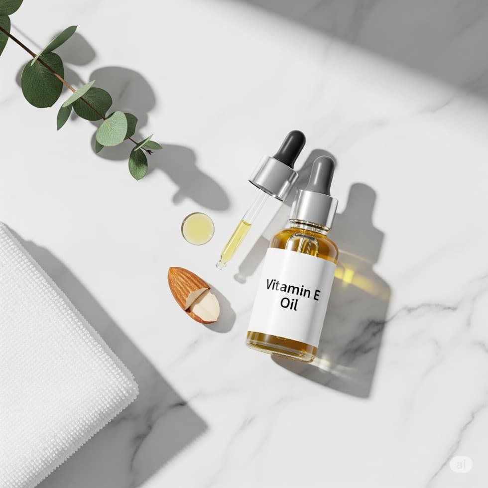 Vitamin E-Öl in einer Glasflasche mit Pipette, Mandel und Blatt auf hellem Marmortisch – minimalistisch und pflegend.