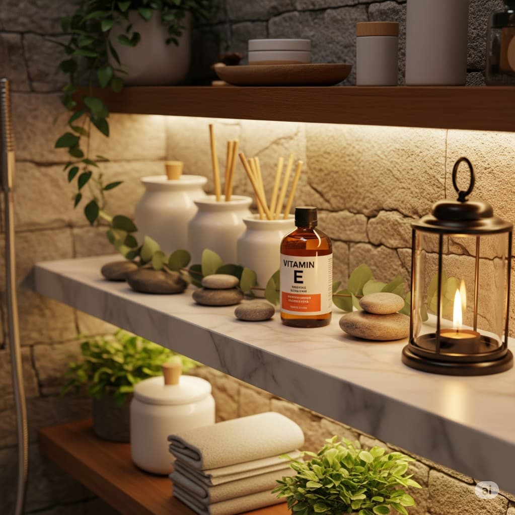 Vitamin E-Öl-Flasche auf einem Spa-Regal mit Kerzen, Pflanzen und Natursteinen in ruhiger, entspannter Atmosphäre.