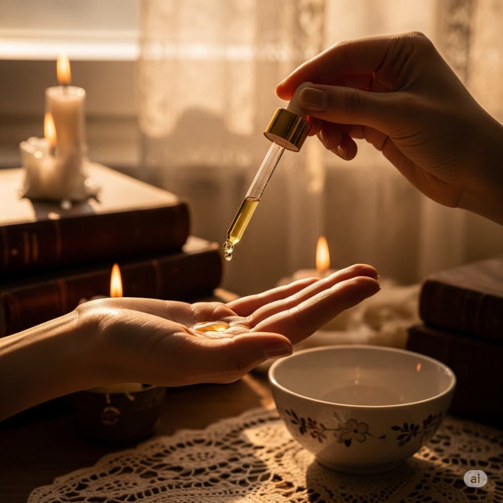 Hand hält eine Pipette mit Vitamin E-Öl über einer offenen Handfläche, im Hintergrund Kerzenlicht und natürliche Atmosphä