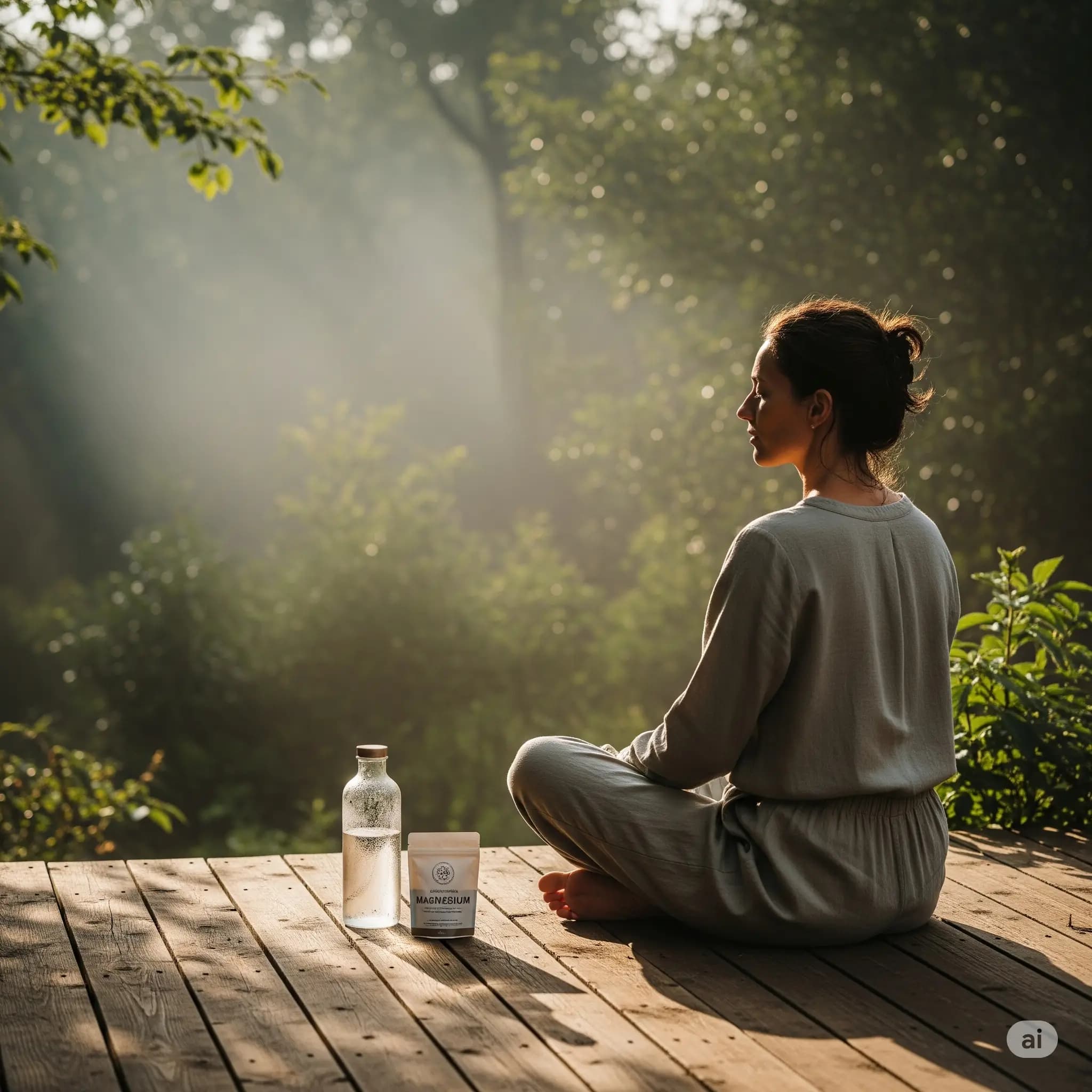 Frau sitzt im Yogasitz auf Holzdeck im Morgenlicht, neben ihr Wasserflasche und Magnesium – Symbol für Ruhe, neue Energie und Selbstfürsorge bei Magnesiummangel.