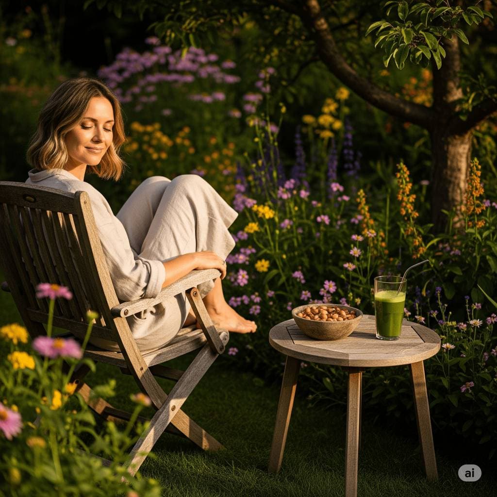 .Erschöpfte Frau ab 40 sitzt entspannt im Garten, mit Nüssen und grünem Smoothie – magnesiumreiche Lebensmittel gegen Müdigkeit und innere Unruhe.