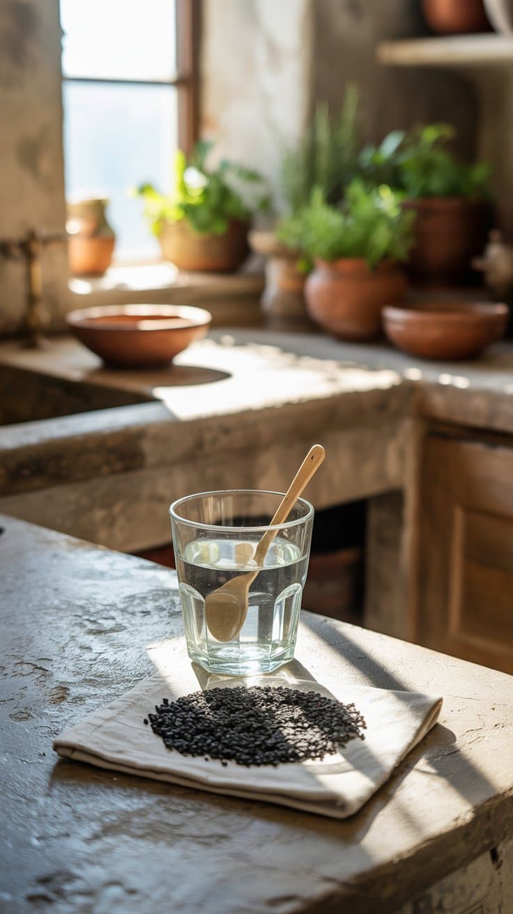 Ein Glas mit Wasser und Holzlöffel auf Küchentisch neben schwarzem Harzpulver – Vorbereitung zur Einnahme von Shilajit
