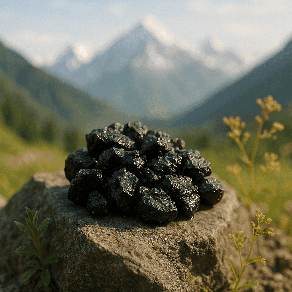 Natürliches Shilajit-Harz auf Felsen im Himalaya – Symbol für Reinheit und Ursprung des ayurvedischen Energieboosters