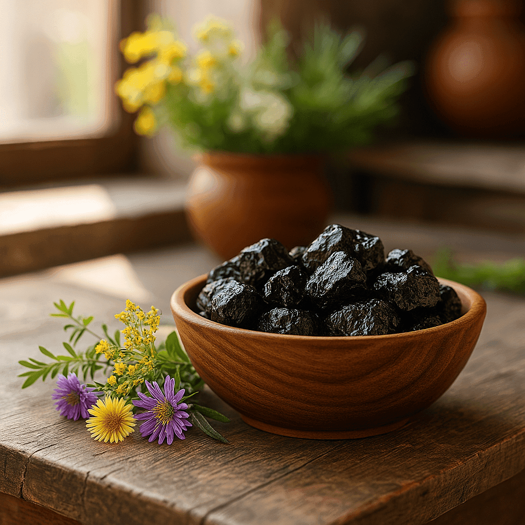 Shilajit-Harz angerichtet in einer Holzschale auf Küchentisch mit Wildkräutern und Blumen – natürliches Nahrungsergänzungsmittel im ayurvedischen Kontext